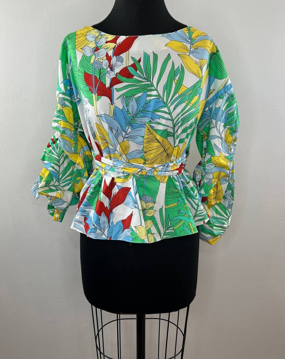 NWT ZARA Colorful Tropical Long Sleeve Belted Top Blouse Tie Waist Boat Neck M